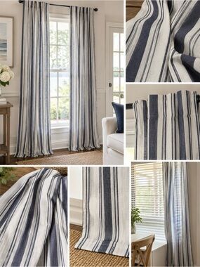 Source Unknown Navy and White Striped Curtain Panel